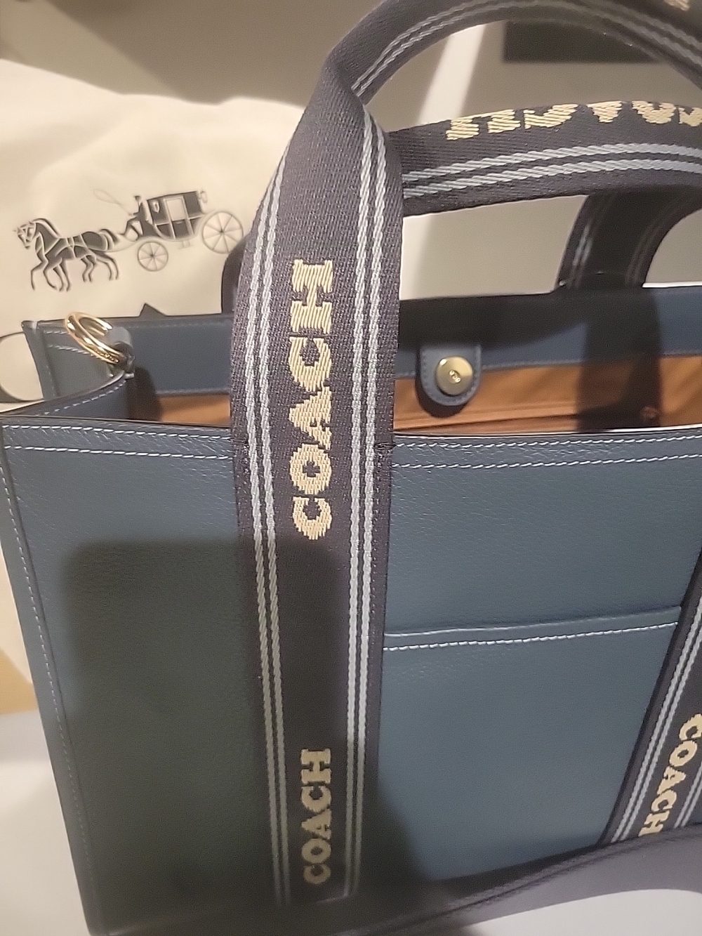 Coach Navy Logo Strap Leather Tote - Picture 4 of 16